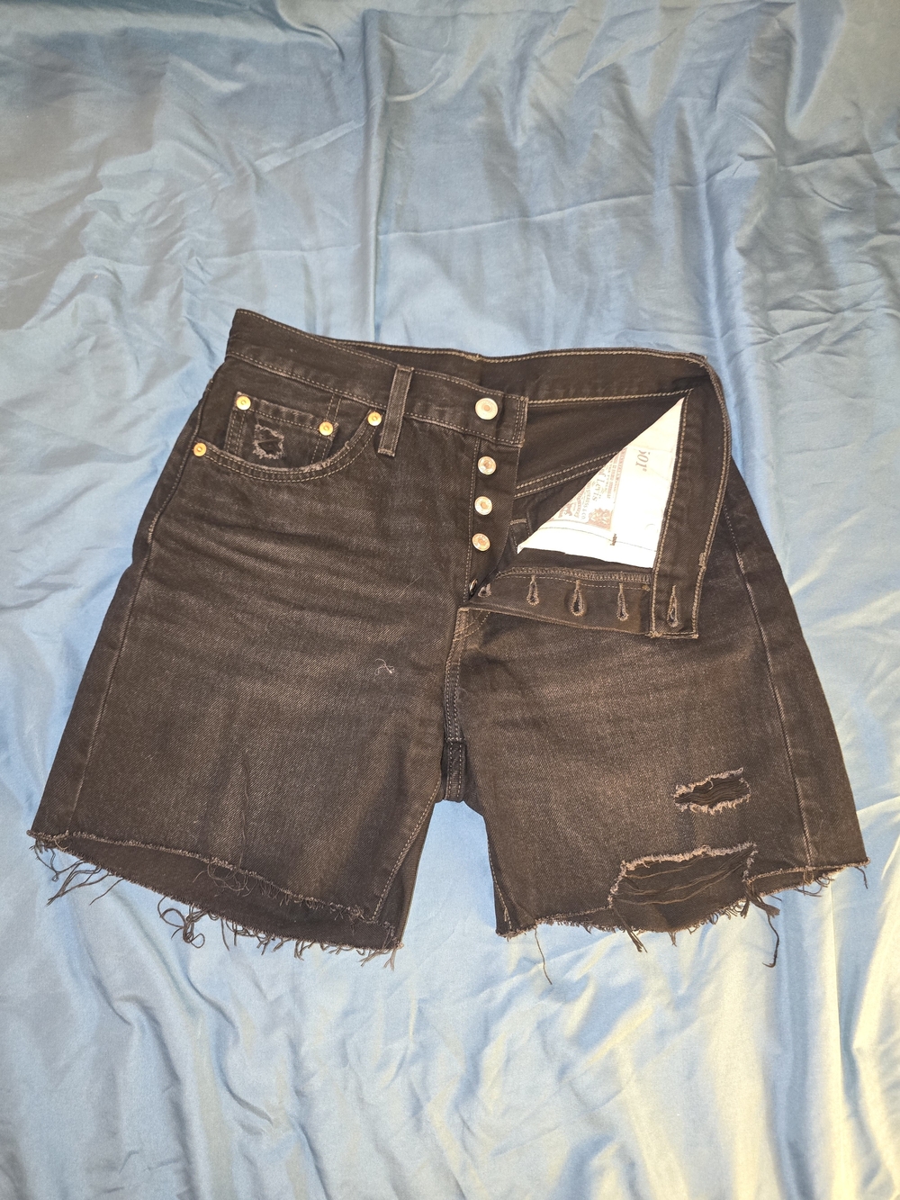 501 Levi's Black Distressed High-Rise Denim Shorts